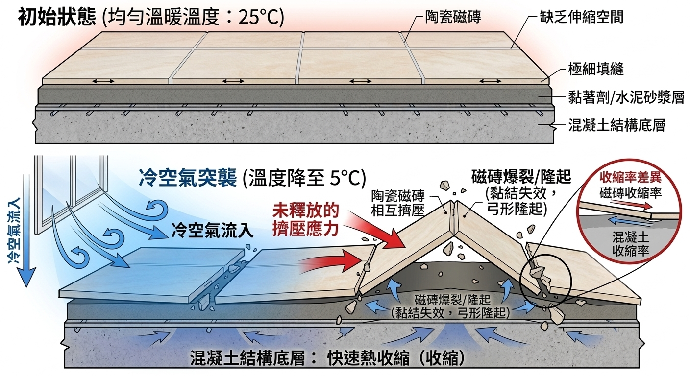 圖解:冷空氣侵入,磁磚爆裂的真相 這張圖分成兩個部分: - 上半部:正常狀態(25°C) 磁磚平整貼合,填縫細緻,但缺乏伸縮空間。 - 下半部:冷空氣突襲(5°C) 混凝土基層快速收縮,磁磚收縮較慢,導致磁磚之間互相擠壓,壓力無法釋放,最後黏著劑失效,磁磚爆裂或隆起。